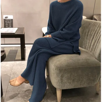 Noua Moda de Iarnă 2021 Femei Îngroșa Cald Tricotate pulover Pulover Două Piese de Costume+Talie Mare Libertate Largi Picior Pantaloni Set