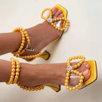 Perixir Femei Pearl Papion Sandale De Cristal Curea Cataramă Deschis Deget De La Picior Pătrat Cupa Toc De Încălțăminte 2022 Noi De Vara Dulce Doamnelor Pantofi De Partid