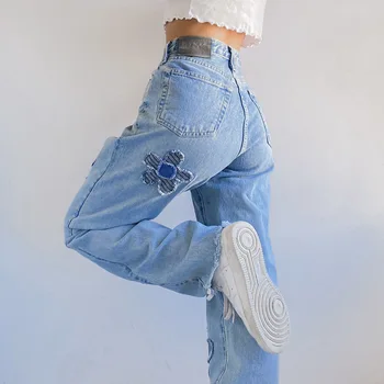 2021 Umflat Albastru Y2K Blugi Drepte Pantaloni Femei Casual de Înaltă Talie pantaloni de Trening Florale Patch-uri de 90 coreean Pantaloni din Denim Harajuku