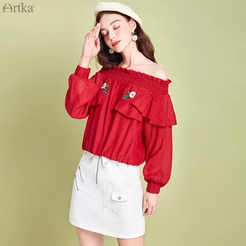 ARTKA 2020 Primăvară Nouă Femei Bluza Broderie Delicata cu Maneca Lunga Tricouri Roșii Sexy Volane de Pe Umăr de Sus Tricou Femei SA25102C