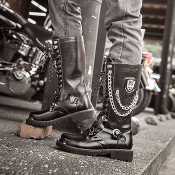 Cizme motocicleta Oameni de Înaltă Militare de Luptă Bărbați Cizme Jumătatea Vițel Metal Lanț de sex Masculin Motocicleta Punk Cizme de iarnă Pantofi pentru Bărbați