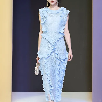 Designer De Moda De Vară 2021 Rochie Lunga Femei Pista Albastră Fără Mâneci Volane Din Dantela Elegante, De Înaltă Calitate, Slim Rochii