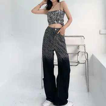 Femei Harajuku Gradient Rupt Blugi Moda coreeană Scrisoare de Imprimare Pantaloni Femei Streetwear 2021 Casual Pantaloni Drepte y2k