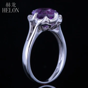 HELON Solid 14K Aur Alb Rotund Perfect 9mm Reale Ametist si Diamante Inel de Logodna Femeile Nunta de Piatră prețioasă de Bijuterii Ring