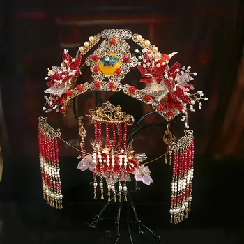 NiuShuya Retro Chineză Frizură Coroana Diademe Catwalk Nunta Accesorii De Par Floare Roșie Margele Perle Ciucure Caciulita Bijuterii