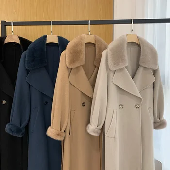 Noi 2022 Moda Cald real Nurca cu Guler din blană de Lux de Pluș Femei reale lung de Lână coats îmbrăcăminte exterioară