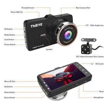 ThiEYE Dash Cam Real 1080P Full HD, Cameră Frontală cu o rezoluție de 720P HD IP67 Rezistent la Apa Camera din Spate Dual Lens Recorder Mașină