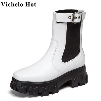 Vichelo Fierbinte din piele Chelsea cizme de iarna street square toe slip pe fund gros tocuri inalte cataramă curele glezna cizme l31